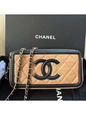 Chanel Caviar Filigree Cc Tan Quilted Leather Chain Crossbody Bag